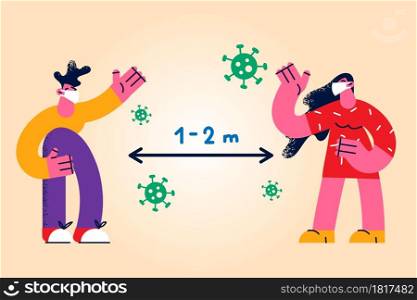 Social distance during pandemic concept. Young couple in medical protective masks standing waving hands greeting each other with one two meters distance between vector illustration . Social distance during pandemic concept.