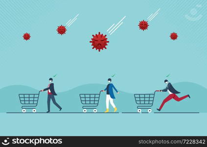 Social distance people keep distance away in public to protect Coronavirus or COVID-19 flu outbreak and people with shopping cart trolley wait in line. Vector illustration cartoon design.