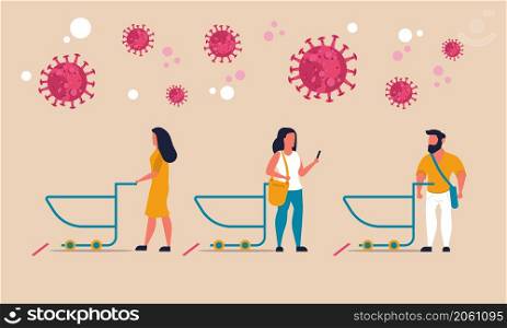Social distance to shop queue store coronavirus. Supermarket lockdown people with trolley vector illustration. Market protection covid human. Keep and stay concept public danger corona. Risk customer