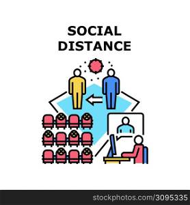 Social Distance Vector Icon Concept. Social Distance In Theater And Cinema, Outdoor And Shop Public Place, Remote Communication And Working In Internet. Health Care Color Illustration. Social Distance Vector Concept Color Illustration