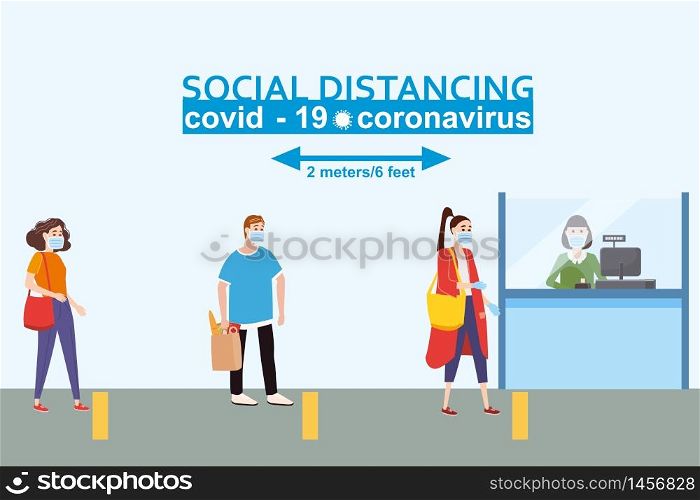 Social distancing and from COVID-19 coronavirus outbreak spreading concept prevention. Maintain a safe distance 2 meters. Social distancing and from COVID-19 coronavirus outbreak spreading concept prevention. Maintain a safe distance 2 meters from others at the supermarket bank pharmacy queues. Characters in queue bank. Vector isolated illustration