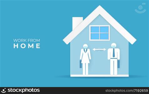 Social distancing and stay home. Work from home avoid spreading corona virus. paper art vector illustration.