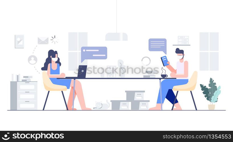 Social distancing concept. People wear mask fight covid-19 and work from home. Digital transformation. Corona virus outbreak pandemic. Flat character Abstract people. Health and medical. Vector illustration.