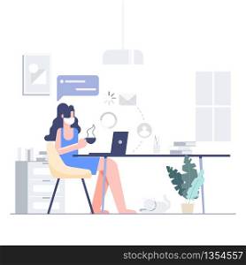 Social distancing concept. People wear mask fight covid-19. Woman work from home. Digital transformation. Corona virus outbreak pandemic. Flat character Abstract people. Health and medical. Vector illustration.