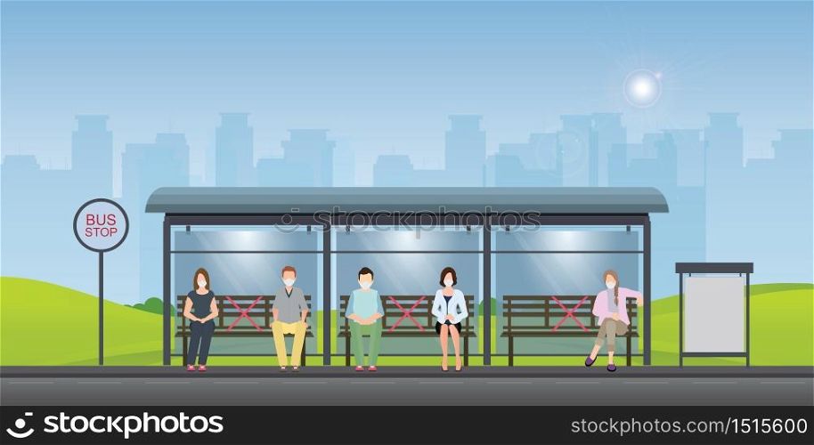 Social distancing concept with people wearing medical masks at the bus stop. keep spaces between each chairs make separate for social distancing, increasing physical space between people to avoid spreading illness during transmission of COVID-19.vector illustration.