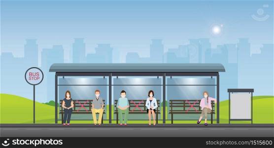 Social distancing concept with people wearing medical masks at the bus stop. keep spaces between each chairs make separate for social distancing, increasing physical space between people to avoid spreading illness during transmission of COVID-19.vector illustration.
