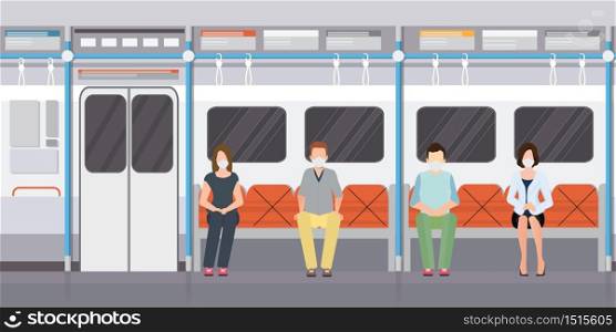 Social distancing concept with people wearing medical masks on subway train. keep spaces between each chairs make separate for social distancing, increasing physical space between people to avoid spreading illness during transmission of COVID-19.vector illustration.