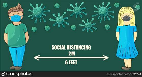 Social Distancing. Coronavirus prevention. Cartoon man and woman observe social distance. Coronavirus. Vector illustration of the problem of coronavirus