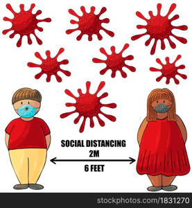 Social Distancing. Coronavirus prevention vector background. Cartoon man and woman observe social distance. Fight against coronavirus. Health. Coronavirus. Vector illustration of the problem of coronavirus