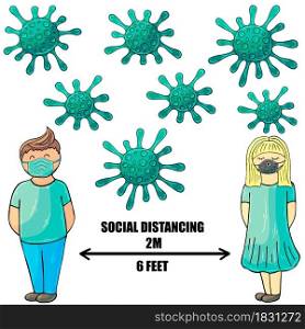 Social Distancing. Coronavirus prevention vector background. Cartoon man and woman observe social distance. Coronavirus. Vector illustration of the problem of coronavirus