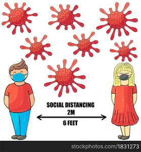 Social Distancing. Coronavirus prevention vector background. Cartoon man and woman observe social distance. Coronavirus. Vector illustration of the problem of coronavirus