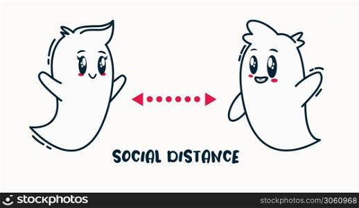Social distancing for Halloween day. Party ghosts keep their distance to avoid covid 19. Cartoon vector illustration isolated on white background.. Social distancing for Halloween day. Party ghosts keep their distance to avoid covid 19. Cartoon vector illustration