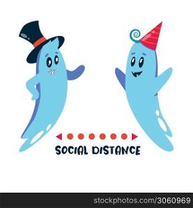 Social distancing for Halloween day. Party ghosts keep their distance to avoid covid 19. Flat flat artoon vector illustration isolated on white background.. Social distancing for Halloween day. Party ghosts keep their distance to avoid covid 19. Flat flat artoon vector illustration