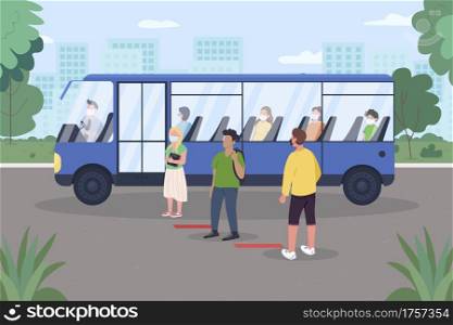 Social distancing for public transport flat color vector illustration. Covid pandemic. Virus spread prevention. Bus passengers in medical masks 2D cartoon characters with outdoor scene on background. Social distancing for public transport flat color vector illustration