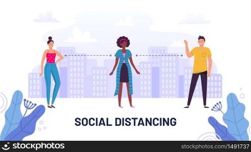 Social distancing, guide protective meter and prevent, stay away distance, people, keep social protection. Vector illustration. Social distancing, guide protective meter and prevent