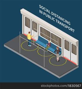 Social distancing isometric composition with editable text and view of train cabin with distanced passengers characters vector illustration. Public Transport Distancing Composition