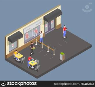 Social distancing isometric composition with outdoor view of cafe food court with seats tables spaced apart vector illustration