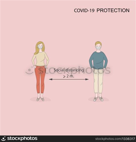 Social distancing, keep distance in public society people to protect from COVID-19 coronavirus outbreak spreading.Man and woman keep distance away in the meeting with virus pathogens.Cartoon character.Vector illustration.
