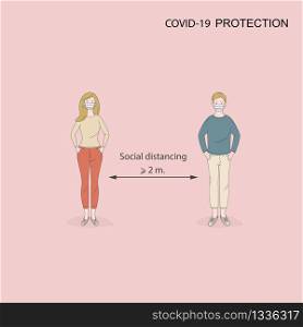 Social distancing, keep distance in public society people to protect from COVID-19 coronavirus outbreak spreading.Man and woman keep distance away in the meeting with virus pathogens.Cartoon character.Vector illustration.