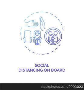 Social distancing on board concept icon. Service optimization. Business travel during covid 19 pandemic idea thin line illustration. New normal. Vector isolated outline RGB color drawing.. Social distancing on board concept icon