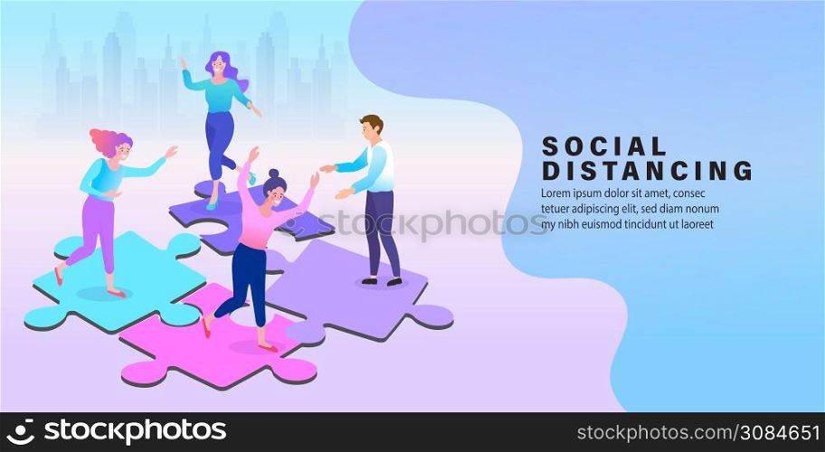 Social Distancing, Space for safety and people. Background in city. Business team of professionals. flat vector illustration.