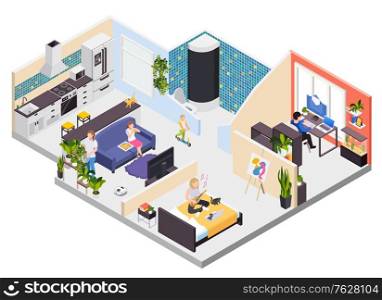 Social distancing staying home working remotely watching tv painting playing guitar family apartment interior isometric vector illustration