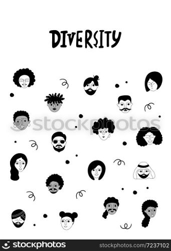 Social diversity. Vector illustration with various people faces presenting person team diversity in the company.