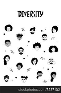Social diversity. Vector illustration with various people faces presenting person team diversity in the company.