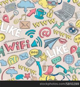 Social Doodle Seamless. Social media seamless pattern with sketch communication signs vector illustration