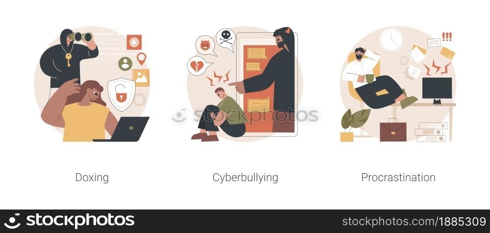 Social engineering abstract concept vector illustration set. Doxing and cyberbullying, procrastination, online bullying, negative comments, internet harassment, professional burnout abstract metaphor.. Social engineering abstract concept vector illustrations.