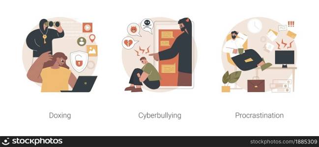 Social engineering abstract concept vector illustration set. Doxing and cyberbullying, procrastination, online bullying, negative comments, internet harassment, professional burnout abstract metaphor.. Social engineering abstract concept vector illustrations.