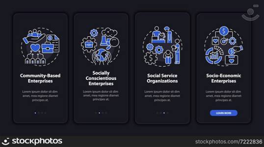 Social entrepreneur focus dark onboarding mobile app page screen. Walkthrough 4 steps graphic instructions with concepts. UI, UX, GUI vector template with linear night mode illustrations. Social entrepreneur focus dark onboarding mobile app page screen