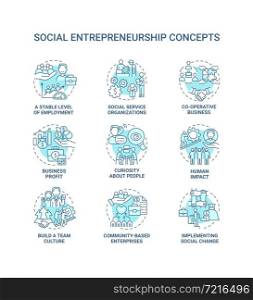 Social entrepreneurship blue concept icons set. Social organizations idea thin line color illustrations. Business development. Charity and support. Vector isolated outline drawings. Editable stroke. Social entrepreneurship blue concept icons set