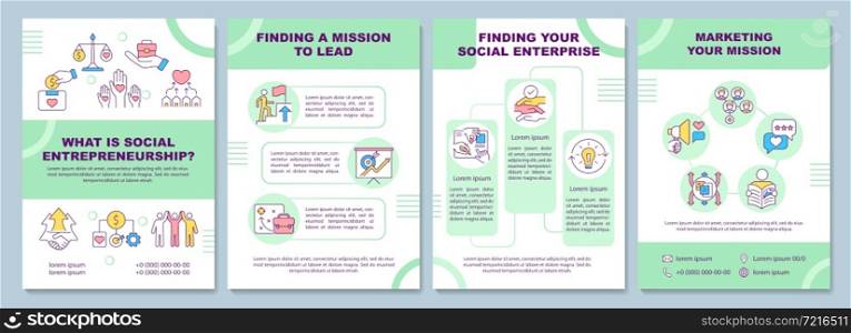 Social entrepreneurship brochure template. Social mission. Flyer, booklet, leaflet print, cover design with linear icons. Vector layouts for presentation, annual reports, advertisement pages. Social entrepreneurship brochure template