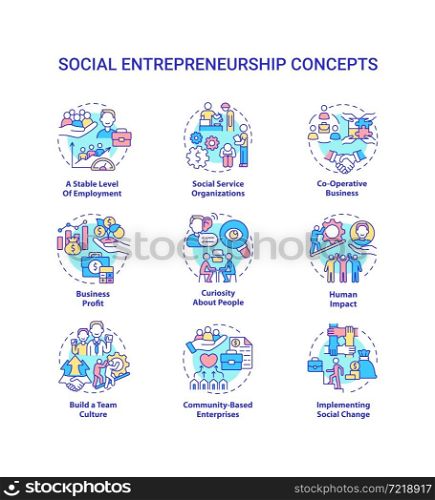Social entrepreneurship concept icons set. Social organizations idea thin line color illustrations. Business development. Charity and support. Vector isolated outline drawings. Editable stroke. Social entrepreneurship concept icons set