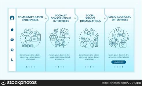 Social entrepreneurship focus onboarding vector template. Responsive mobile website with icons. Web page walkthrough 4 step screens. Social business color concept with linear illustrations. Social entrepreneurship focus onboarding vector template