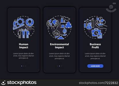 Social entrepreneurship success dark onboarding mobile app page screen. Walkthrough 5 steps graphic instructions with concepts. UI, UX, GUI vector template with linear night mode illustrations. Social entrepreneurship success dark onboarding mobile app page screen