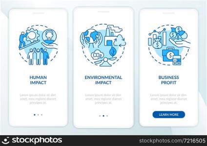 Social entrepreneurship success measurement blue onboarding mobile app page screen. Walkthrough 5 steps graphic instructions with concepts. UI, UX, GUI vector template with linear color illustrations. Social entrepreneurship success measurement blue onboarding mobile app page screen