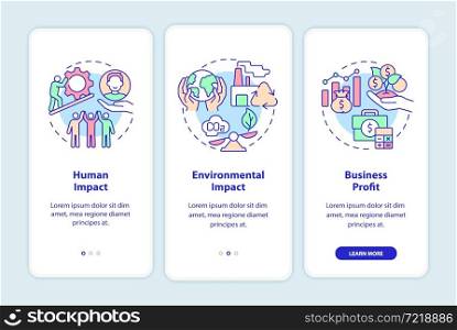 Social entrepreneurship success measurement onboarding mobile app page screen. Walkthrough 5 steps graphic instructions with concepts. UI, UX, GUI vector template with linear color illustrations. Social entrepreneurship success measurement onboarding mobile app page screen