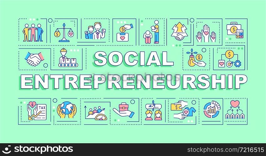 Social entrepreneurship word concepts banner. Social business. Infographics with linear icons on green background. Isolated creative typography. Vector outline color illustration with text. Social entrepreneurship word concepts banner