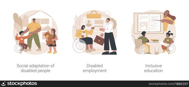 Social environment abstract concept vector illustration set. Social adaptation of disabled people, employment and inclusive education, children with special needs, disability job abstract metaphor.. Social environment abstract concept vector illustrations.