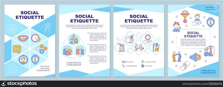 Social etiquette brochure template. Norms and rules. Leaflet design with linear icons. 4 vector layouts for presentation, annual reports. Arial-Black, Myriad Pro-Regular fonts used. Social etiquette brochure template