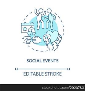 Social events blue concept icon. Participation in society by parties, holidays. Celebration at work abstract idea thin line illustration. Vector isolated outline color drawing. Editable stroke. Social events blue concept icon