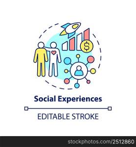 Social experiences concept icon. Socialization demand. Customer behavior trend abstract idea thin line illustration. Isolated outline drawing. Editable stroke. Arial, Myriad Pro-Bold fonts used. Social experiences concept icon