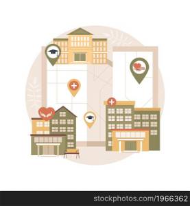 Social facilities abstract concept vector illustration. Social services work, health care centres, education schools, fire brigade station, maternity home, community halls abstract metaphor.. Social facilities abstract concept vector illustration.