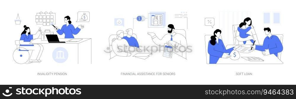 Social financial aid abstract concept vector illustration set. Disability pension, financial assistance for seniors, citizens signing documents for soft loan, family benefits abstract metaphor.. Social financial aid abstract concept vector illustrations.