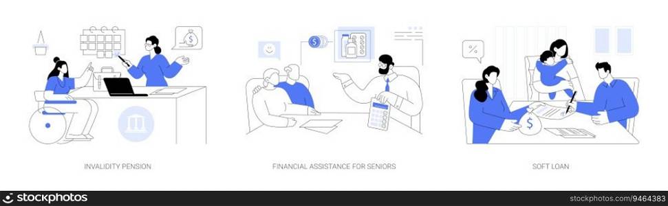 Social financial aid abstract concept vector illustration set. Disability pension, financial assistance for seniors, citizens signing documents for soft loan, family benefits abstract metaphor.. Social financial aid abstract concept vector illustrations.