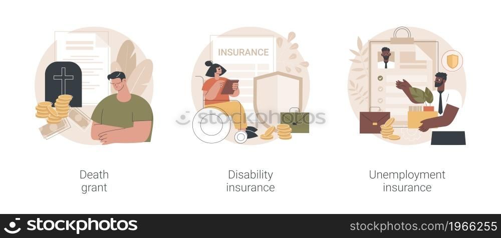 Social financial support abstract concept vector illustration set. Death grant, disability insurance, unemployment insurance, lost job, paper work, workers compensation, payment abstract metaphor.. Social financial support abstract concept vector illustrations.