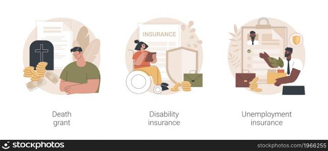 Social financial support abstract concept vector illustration set. Death grant, disability insurance, unemployment insurance, lost job, paper work, workers compensation, payment abstract metaphor.. Social financial support abstract concept vector illustrations.