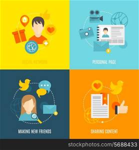 Social flat icons set with network personal page making new friends sharing content isolated vector illustration